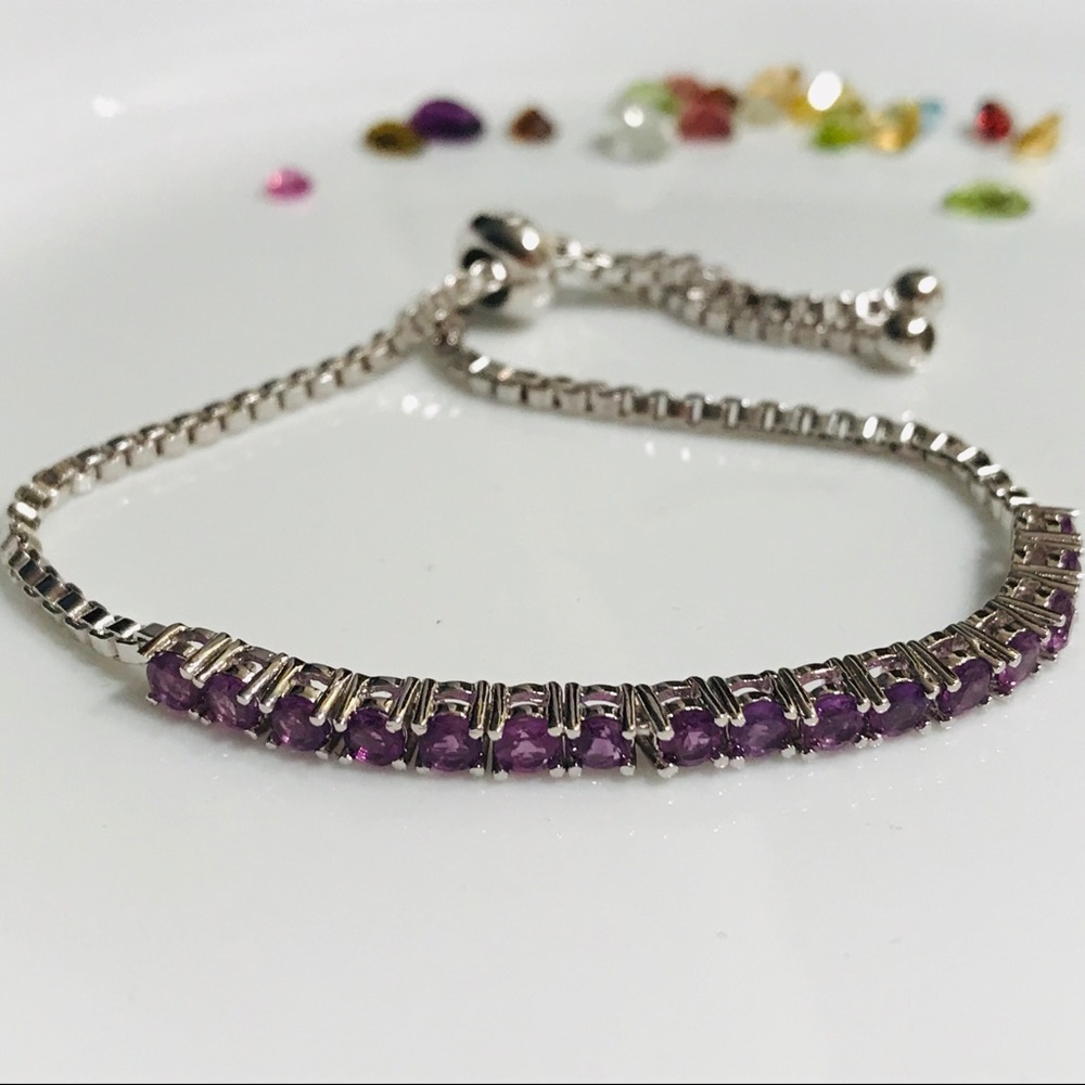 Genuine Amethyst Adjustable Size Bracelet Silver